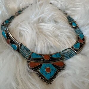 Turquoise Coral Silver Gemstone Tribal Necklace with Central Pendant